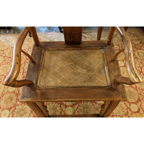 225 - CHINESE ARMCHAIR, 57cm W x 106cm H, 19th century elm with carved detail and rattan seat.