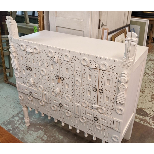 217 - DOWRY CHEST, 107cm W x 49cm D x 117cm H, contemporary Afghan, cream painted, with six doors, three d... 