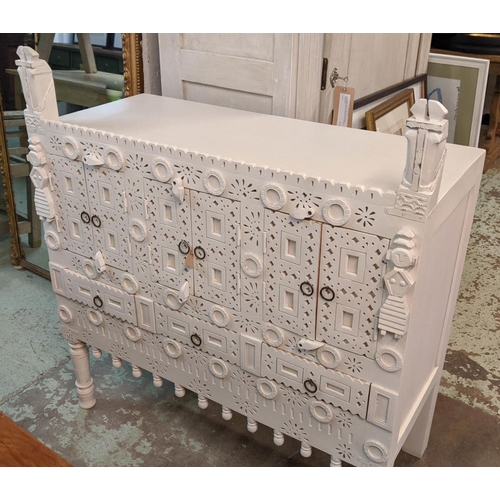 217 - DOWRY CHEST, 107cm W x 49cm D x 117cm H, contemporary Afghan, cream painted, with six doors, three d... 