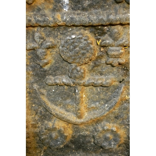 211 - FIREBACK, 63cm H x 71cm W, Charles I design cast iron with anchor decoration and date 1626.