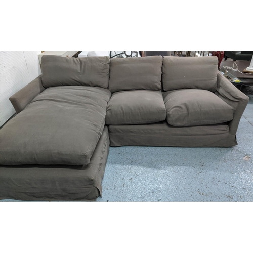 260 - CORNER SOFA, three seater, mushroom coloured upholstery, contemporary, feather filled cushions, 90cm... 