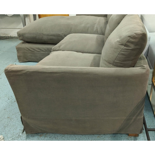 260 - CORNER SOFA, three seater, mushroom coloured upholstery, contemporary, feather filled cushions, 90cm... 