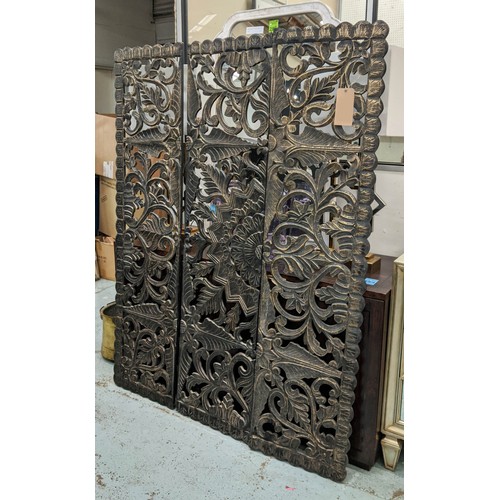 421 - WALL PANELS, a set of three, carved, foliate gilded detail and floral design, 180cm x 45cm. (2)