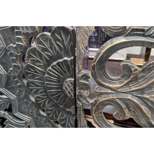 421 - WALL PANELS, a set of three, carved, foliate gilded detail and floral design, 180cm x 45cm. (2)