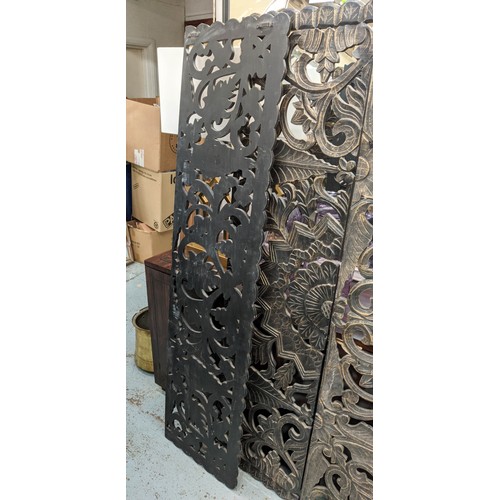 421 - WALL PANELS, a set of three, carved, foliate gilded detail and floral design, 180cm x 45cm. (2)