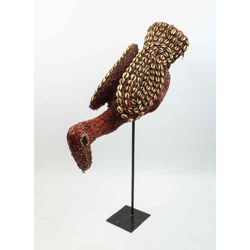 22 - BAMILEKE STYLE BIRD MASK, Cameroon, decorated with red beads and cowrie shells, 57cm L.