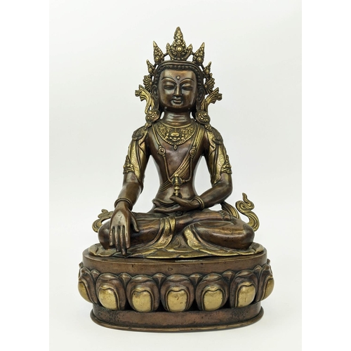 12 - BRONZE FIGURE OF A BUDDHA, possibly 19th century, cast brass adornments, raised on a detachable stan... 