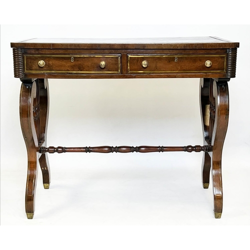 132 - WRITING TABLE, Regency mahogany and brass inlaid, circa 1820, with two frieze drawers and leather to... 