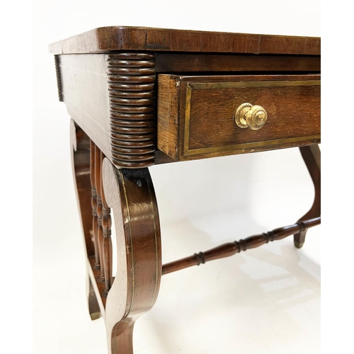 132 - WRITING TABLE, Regency mahogany and brass inlaid, circa 1820, with two frieze drawers and leather to... 