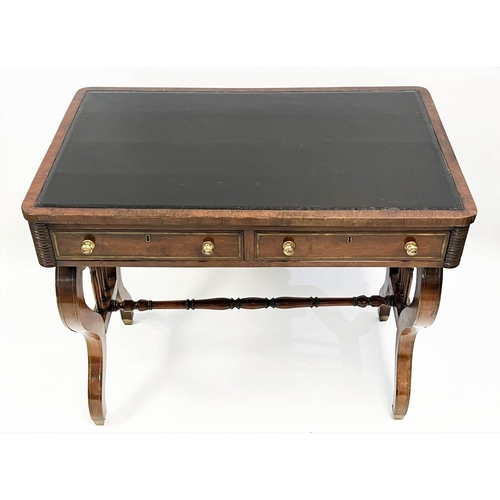 132 - WRITING TABLE, Regency mahogany and brass inlaid, circa 1820, with two frieze drawers and leather to... 