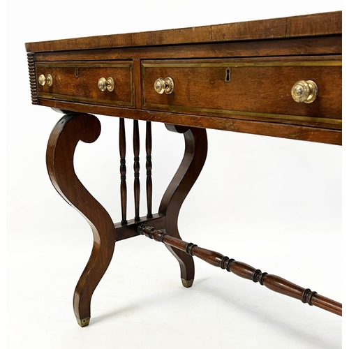 132 - WRITING TABLE, Regency mahogany and brass inlaid, circa 1820, with two frieze drawers and leather to... 