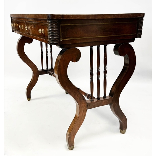 132 - WRITING TABLE, Regency mahogany and brass inlaid, circa 1820, with two frieze drawers and leather to... 