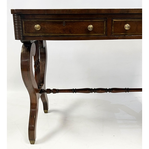 132 - WRITING TABLE, Regency mahogany and brass inlaid, circa 1820, with two frieze drawers and leather to... 