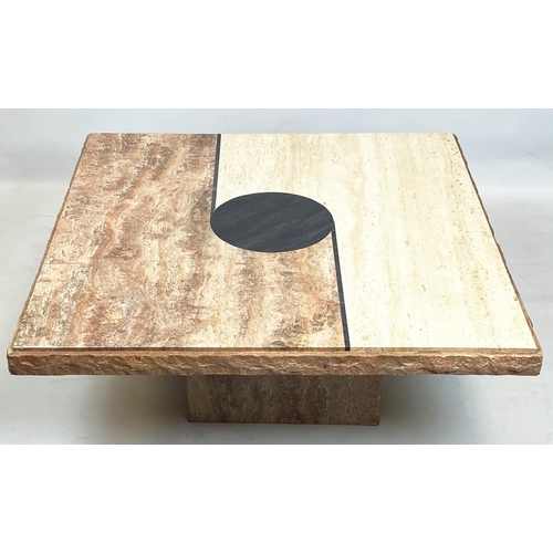 133 - LOW TABLE, modernist design, tri-colour marble top on square plinth base, 43cm H x 101cm x 101cm.