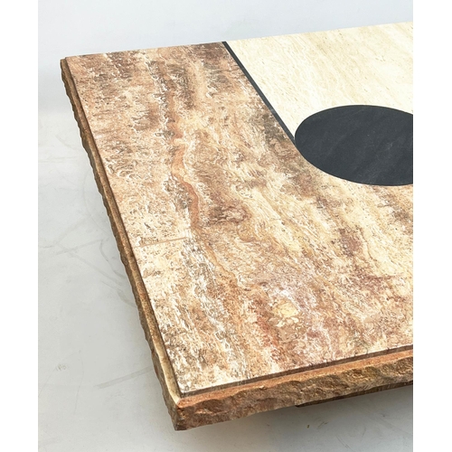 133 - LOW TABLE, modernist design, tri-colour marble top on square plinth base, 43cm H x 101cm x 101cm.