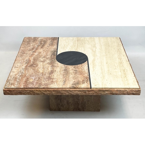 133 - LOW TABLE, modernist design, tri-colour marble top on square plinth base, 43cm H x 101cm x 101cm.