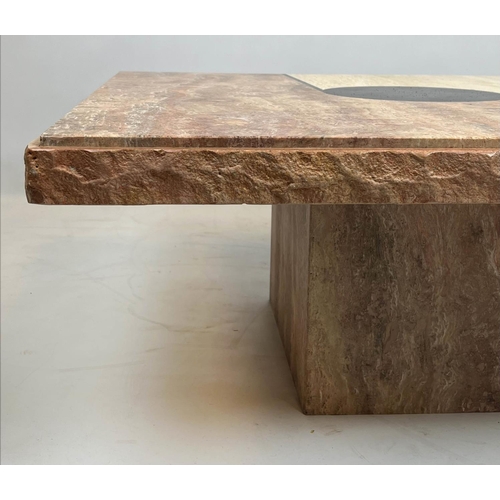 133 - LOW TABLE, modernist design, tri-colour marble top on square plinth base, 43cm H x 101cm x 101cm.