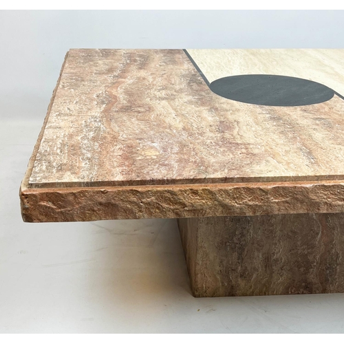 133 - LOW TABLE, modernist design, tri-colour marble top on square plinth base, 43cm H x 101cm x 101cm.