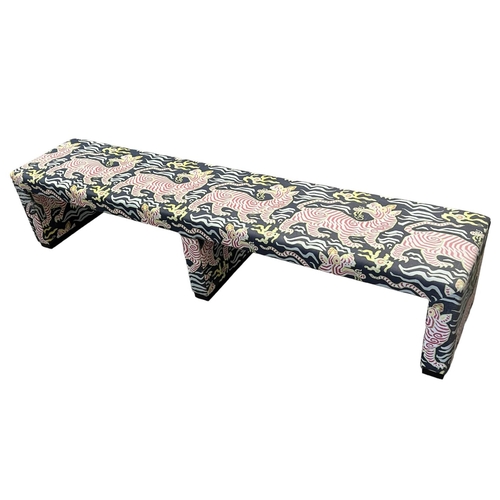 134 - HALL BENCH, upholstered in Clarence House Tibet Tiger print fabric, 232cm x 50cm H x 49cm.