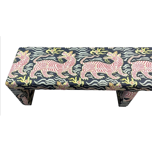 134 - HALL BENCH, upholstered in Clarence House Tibet Tiger print fabric, 232cm x 50cm H x 49cm.