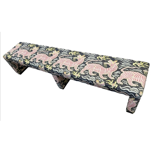 134 - HALL BENCH, upholstered in Clarence House Tibet Tiger print fabric, 232cm x 50cm H x 49cm.