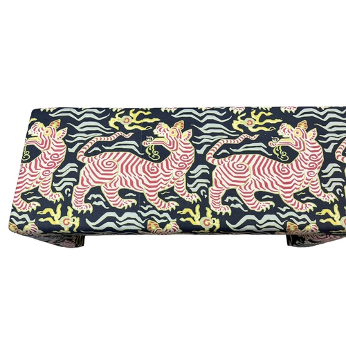 134 - HALL BENCH, upholstered in Clarence House Tibet Tiger print fabric, 232cm x 50cm H x 49cm.