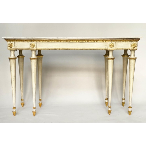 137 - CONSOLE TABLE, early 19th century Italian cream painted and parcel gilt, veined white marble top wit... 