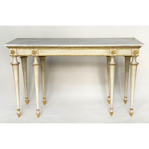 137 - CONSOLE TABLE, early 19th century Italian cream painted and parcel gilt, veined white marble top wit... 