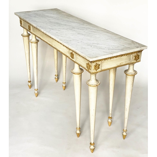 137 - CONSOLE TABLE, early 19th century Italian cream painted and parcel gilt, veined white marble top wit... 