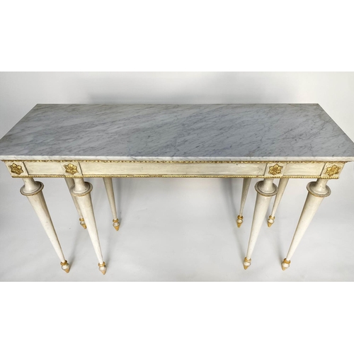 137 - CONSOLE TABLE, early 19th century Italian cream painted and parcel gilt, veined white marble top wit... 