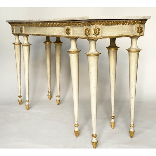 137 - CONSOLE TABLE, early 19th century Italian cream painted and parcel gilt, veined white marble top wit... 