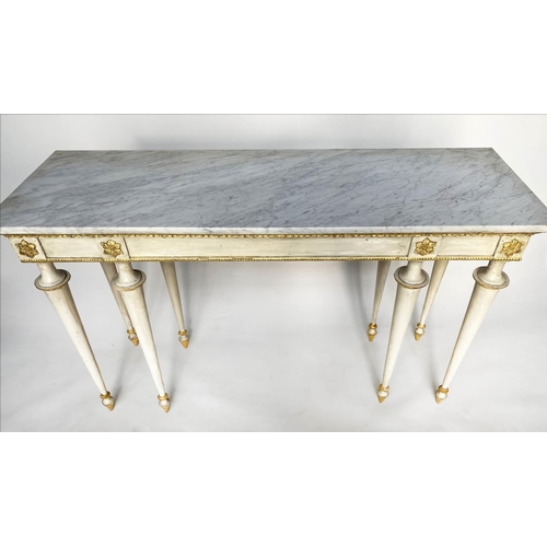 137 - CONSOLE TABLE, early 19th century Italian cream painted and parcel gilt, veined white marble top wit... 