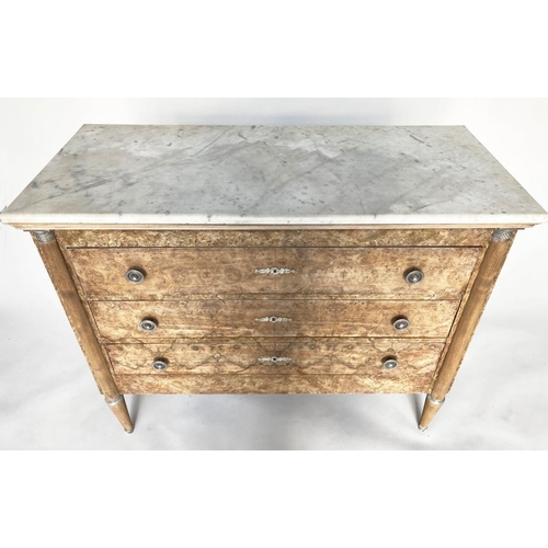 151 - COMMODE, French Empire walnut and silvered metal mounted with three drawers and capped columns, 112c... 