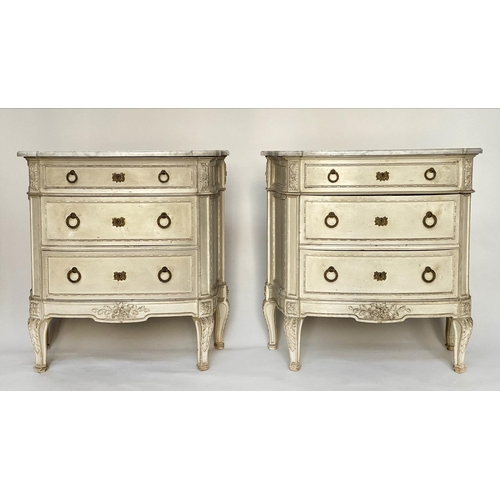 154 - COMMODES, a pair, 19th century French bowfronted with original grey paint each with three drawers an... 