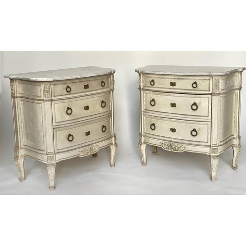 154 - COMMODES, a pair, 19th century French bowfronted with original grey paint each with three drawers an... 