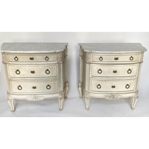 154 - COMMODES, a pair, 19th century French bowfronted with original grey paint each with three drawers an... 