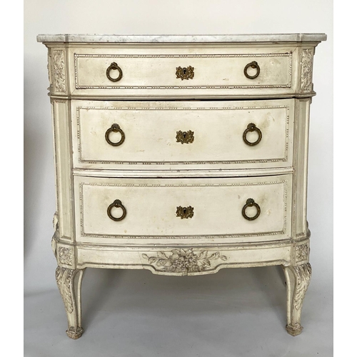 154 - COMMODES, a pair, 19th century French bowfronted with original grey paint each with three drawers an... 