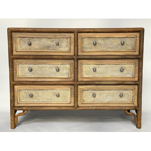 157 - CHEST, faux bamboo framed and woven cane panelled with six short drawers, 120cm W x 51cm D x 91cm H.