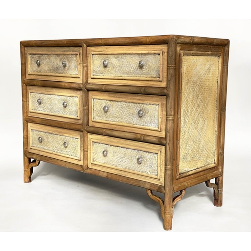 157 - CHEST, faux bamboo framed and woven cane panelled with six short drawers, 120cm W x 51cm D x 91cm H.