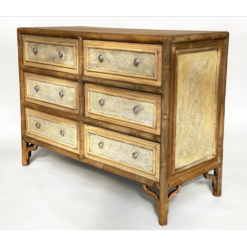 157 - CHEST, faux bamboo framed and woven cane panelled with six short drawers, 120cm W x 51cm D x 91cm H.