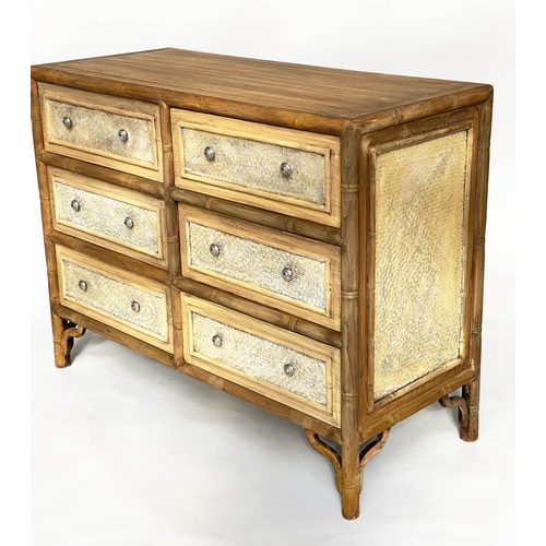 157 - CHEST, faux bamboo framed and woven cane panelled with six short drawers, 120cm W x 51cm D x 91cm H.