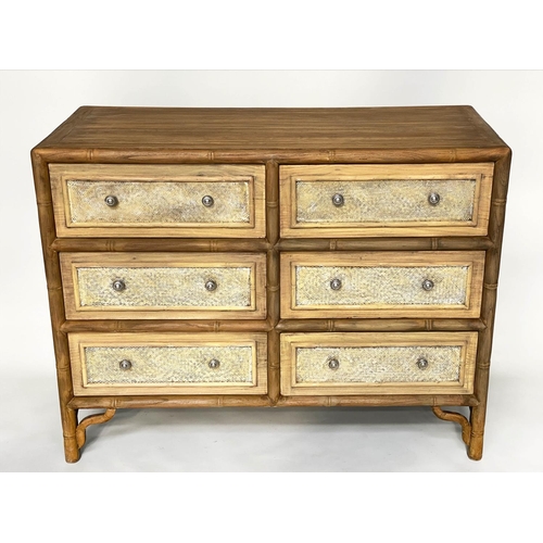 157 - CHEST, faux bamboo framed and woven cane panelled with six short drawers, 120cm W x 51cm D x 91cm H.