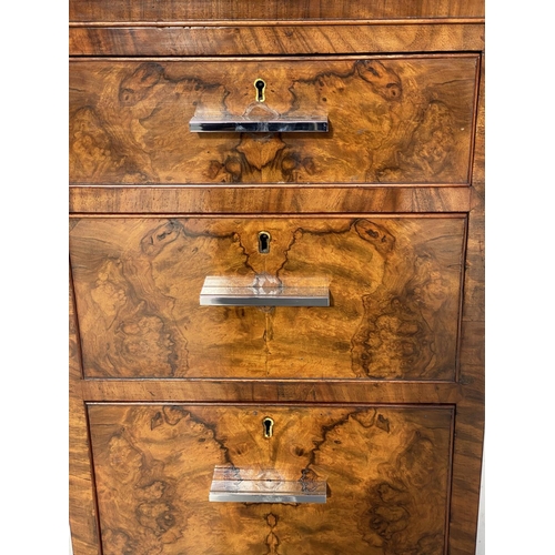 163 - ART DECO BEDSIDE CHESTS, a pair, burr walnut each with three drawers and chromium handles, 33cm x 33... 