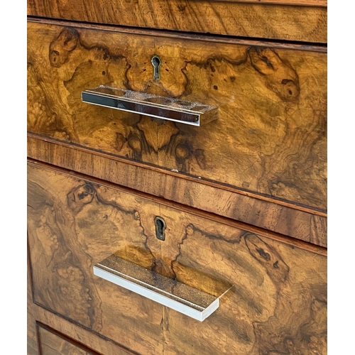 163 - ART DECO BEDSIDE CHESTS, a pair, burr walnut each with three drawers and chromium handles, 33cm x 33... 