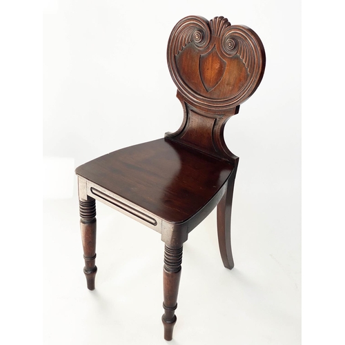 179 - HALL CHAIRS, a pair, Regency mahogany with shell scroll carved back and turned front supports, 39cm ... 