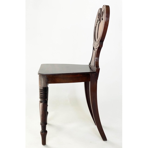 179 - HALL CHAIRS, a pair, Regency mahogany with shell scroll carved back and turned front supports, 39cm ... 