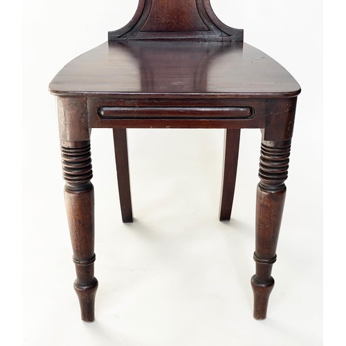 179 - HALL CHAIRS, a pair, Regency mahogany with shell scroll carved back and turned front supports, 39cm ... 