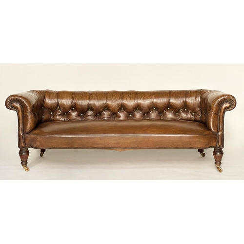 181 - CHESTERFIELD SOFA, Victorian mahogany with faded tan brown brass studded leather with button back an... 