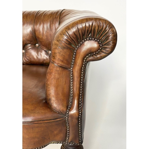 181 - CHESTERFIELD SOFA, Victorian mahogany with faded tan brown brass studded leather with button back an... 