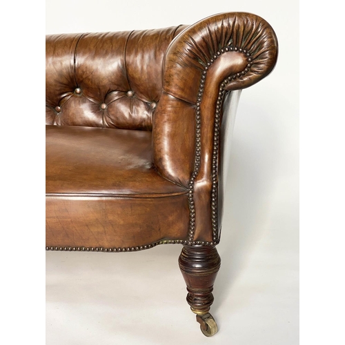 181 - CHESTERFIELD SOFA, Victorian mahogany with faded tan brown brass studded leather with button back an... 